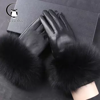 Женские зимние ветрозащитные флисовые перчатки из натуральной кожи лисы