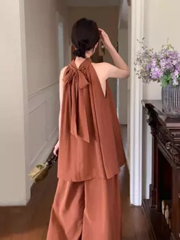 Женский элегантный свободный костюм Clothland, блузка и брюки, с лямкой на шее, с бантом на спине, рубашка, широкие брюки, модель TA446