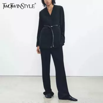 Женский брючный костюм TWOTWINSTYLE, комплект из двух предметов, жакет с V-образным вырезом, длинным рукавом, поясом и брюки с высокой талией,