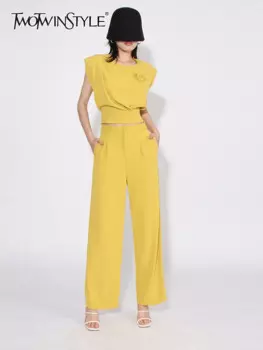 Женский брючный костюм TWOTWINSTYLE, однотонный комплект из двух предметов, топ без рукавов с круглым вырезом, со шнуровкой, прямые брюки с высокой талией