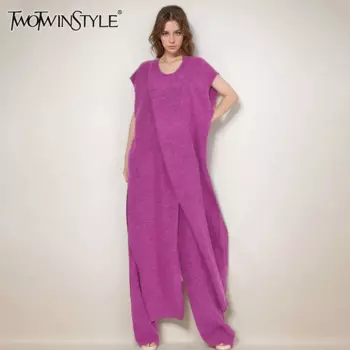 Женский брючный костюм TWOTWINSTYLE, повседневный однотонный комплект из двух предметов, длинный свитер без рукавов с круглым вырезом и брюки с высокой талией,