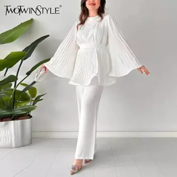 Женский брючный костюм TWOTWINSTYLE, повседневный однотонный комплект из двух предметов, топ с круглым вырезом и длинными рукавами, брюки с широкими штанинами и высокой талией,