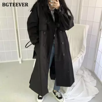 Женский Длинный Тренч BGTEEVER, свободный двубортный винтажный Тренч с длинным рукавом и поясом, Осень-зима