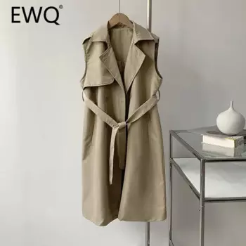 Женский Длинный Тренч с поясом EWQ, универсальный двубортный Тренч без рукавов с отложным воротником, осень 2024, 27X1272