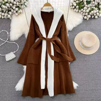 Женский длинный вязаный кардиган, повседневный свободный свитер с капюшоном, с имитацией двух слоев, верхняя одежда, осень-зима