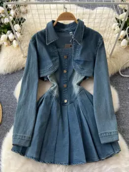 Женский джинсовый костюм Spice Girl, осенний комплект из двух предметов, облегающее плиссированное платье на бретелях с зауженной талией и Кардиган с длинным рукавом, куртка