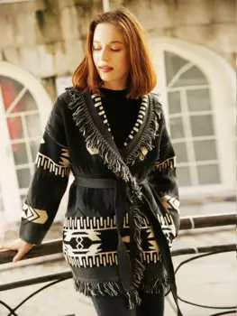Женский кардиган с бахромой, черный Жаккардовый кашемировый шерстяной кардиган оверсайз в богемном стиле, пальто для зимы