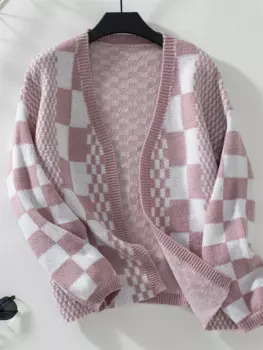 Женский кардиган с пышными длинными рукавами, свитера, Повседневные вязаные клетчатые топы свободного кроя