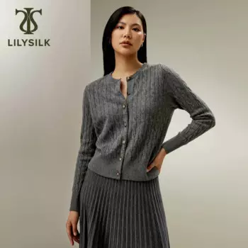 Женский кашемировый кардиган LILYSILK с длинными рукавами и круглым вырезом