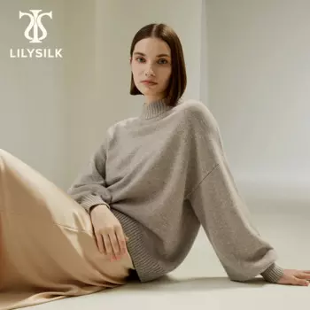 Женский кашемировый свитер LILYSILK, Повседневная теплая мягкая одежда с пузырьковым рукавом и воротником в рубчик, осень 2023