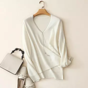 Женский кашемировый свитер, повседневный белый пуловер оверсайз с v-образным вырезом, 100% чистый кашемир
