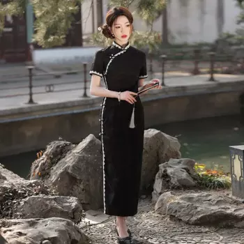 Женский китайский костюм-Ципао Yourqipao, черный двухслойный длинный костюм Ципао для выступления на сцене и подиума, традиционные комплекты, 2024