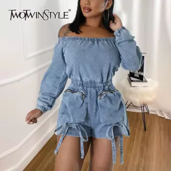 Женский комбинезон с карманами TWOTWINSTYLE, однотонный комбинезон с воротником-лодочкой, длинными рукавами, туника,