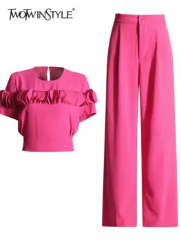 Женский комплект из двух предметов TWOTWINSTYLE, элегантный однотонный повседневный комплект из двух предметов, топ с круглым вырезом и короткими рукавами, бандажные брюки с высокой талией и широкими штанинами