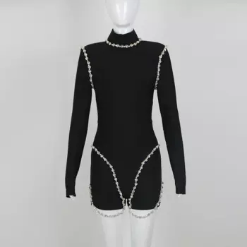 Женский Короткий комбинезон KLEEZY, модный пикантный элегантный комбинезон с открытой спиной, круглым вырезом, длинным рукавом, со сверкающими бриллиантами