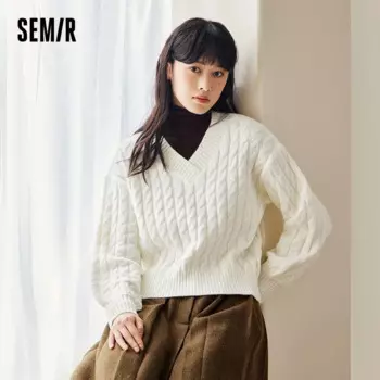 Женский короткий свитер Semir с V-образным вырезом, новинка зимы 2024, милый Нежный пуловер, вязаный свитер