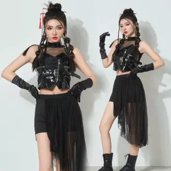 Женский костюм для джазовых танцев, сценический костюм в стиле K-POP, одежда для выступлений в стиле хип-хоп, черная модная одежда для шоу, топы, сетчатая юбка, VDL1895