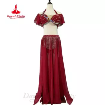 Женский костюм для восточных танцев BellyDance, комплект из 2 предметов, роскошный бюстгальтер со стразами и длинная юбка с бахромой и разрезом, профессиональный костюм для представлений