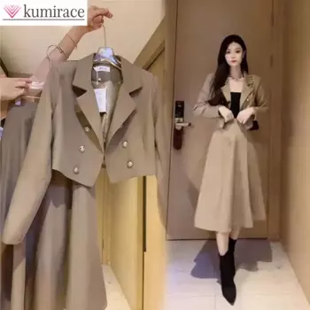 Женский костюм-двойка с юбкой и высокой талией, модный костюм в Корейском стиле для весны и осени