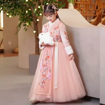 Женский костюм Hanfu с накидкой, Детский Теплый костюм Тан, детское зимнее платье с бархатной вышивкой, сказочное платье, одежда для китайского Нового года
