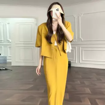 Женский костюм из блейзера и юбки, повседневный однотонный костюм из двух предметов, однобортный Блейзер с круглым вырезом и коротким рукавом в стиле ретро
