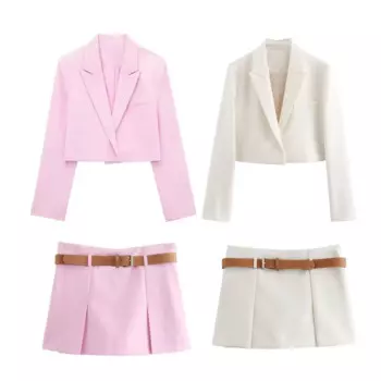 Женский костюм из двух предметов, новинка 2024, модная офисная женская рубашка в стиле ретро с длинным рукавом, костюм с юбкой с поясом