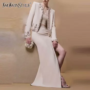 Женский костюм из двух предметов TWOTWINSTYLE, абрикосовый костюм из двух предметов, топ с круглым вырезом и длинными рукавами, юбка с высокой талией и разрезом,