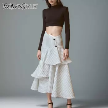 Женский костюм из двух предметов TWOTWINSTYLE, элегантный костюм из двух предметов, топ с длинными рукавами и воротником-стойкой, Полосатая юбка с высокой талией