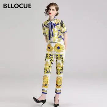 Женский костюм с бантом BLLOCUE, топ с коротким рукавом и винтажный принт + брюки, подиумный костюм, 2021