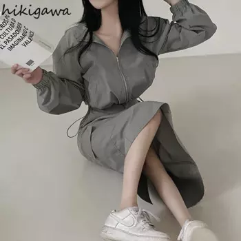 Женский костюм с юбкой, повседневный костюм из двух предметов, корейский стиль, пальто на молнии с воротником-стойкой, юбка с высокой талией и кулиской