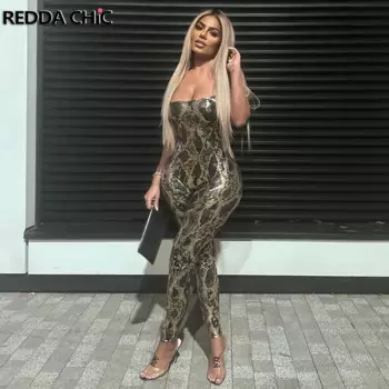 Женский Облегающий комбинезон REDDACHiC с открытой спиной, комбинезон с Золотой змеиной шкалой, Облегающий комбинезон без рукавов, сексуальная летняя одежда