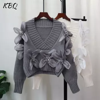 Женский однотонный короткий свитер KBQ, элегантный вязаный пуловер с длинным рукавом и V-образным вырезом, осень