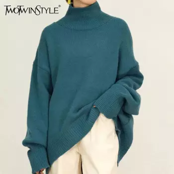 Женский Однотонный свитер TWOTWINSTYLE, свободный, с воротником-хомутом и длинными рукавами, повседневный минималистичный пуловер,