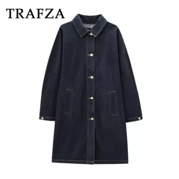 Женский однотонный Тренч из денима TRAFZA, Повседневная Длинная однобортная куртка с прямыми карманами, модное элегантное пальто, осень 2024