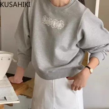 Женский Осенний пуловер с круглым вырезом и вышивкой