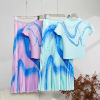 Женский плиссированный костюм Miyake, подиумный комплект из двух предметов, Высокоэластичный облегающий топ с принтом и длинная юбка, 2024