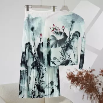Женский плиссированный костюм Miyake, подиумный комплект из двух предметов, Высокоэластичный облегающий топ с принтом и длинная юбка, 2024
