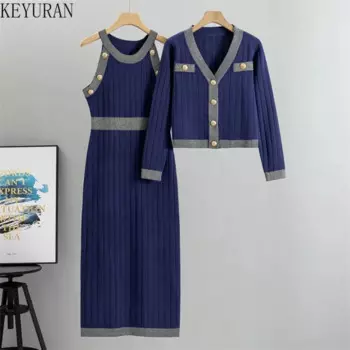 Женский Повседневный костюм-двойка, трикотажный кардиган с V-образным вырезом и длинным рукавом, офисный костюм в Корейском стиле для осени и зимы