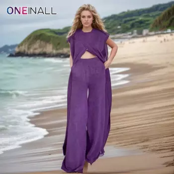 Женский Повседневный вязаный комплект ONEINALL, комплект из двух предметов, топ с круглым вырезом и коротким рукавом, асимметричные свободные брюки с высокой талией и широкими штанинами