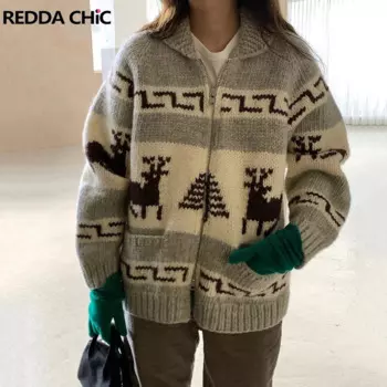 Женский Рождественский кардиган REDDACHiC с оленями, свитер с карманами, вязаная куртка с двойной молнией и длинными рукавами, пальто, зимняя одежда