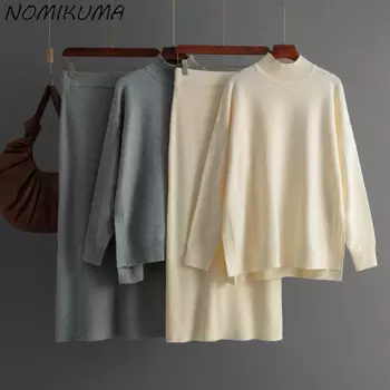 Женский свитер nomikuma, осень/зима, новинка 2024, Однотонный свитер с полуворотником, облегающая эластичная юбка на бедрах, комплект из двух предметов