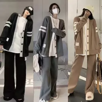 Женский Свободный Повседневный Кардиган, модный костюм из двух предметов, свитер, куртка и брюки с широкими штанинами, весна-осень
