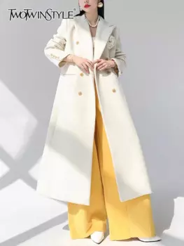 Женский Тренч с аппликацией TWOTWINSTYLE, однотонный Тренч с отложным воротником и длинными рукавами, на пуговицах,
