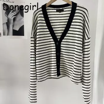 Женский трикотажный кардиган в полоску Donegirl, повседневный элегантный свитер с длинным рукавом и V-образным вырезом, весна-осень 2023