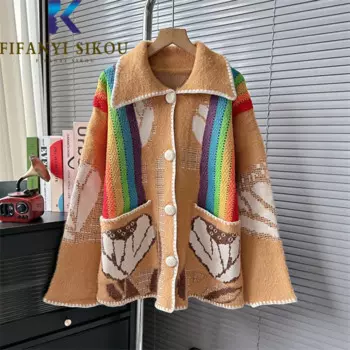 Женский трикотажный кардиган в радужную полоску, Свободный кардиган с большими карманами