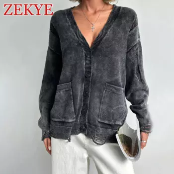 Женский винтажный кардиган Zekye, черный вязаный Свитер оверсайз с V-образным вырезом и карманами, Осень-зима 2024