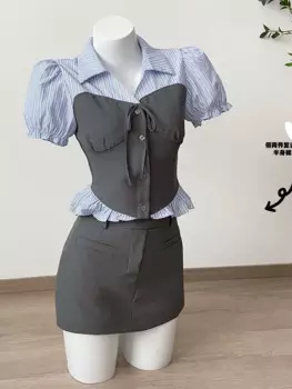 Женский винтажный костюм из двух предметов, винтажная рубашка с коротким рукавом и юбка мини в полоску со старыми деньгами, летний костюм во французском стиле