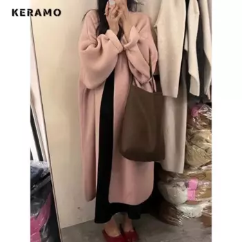 Женский вязаный кардиган с длинным рукавом, повседневный однотонный простой Свитер оверсайз в винтажном стиле, зима 2023