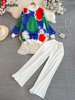 Женский вязаный комплект из 2 предметов Tie-dye, свободный трикотажный пуловер с длинным рукавом, корейские повседневные штаны с высокой талией, одежда, Новинка