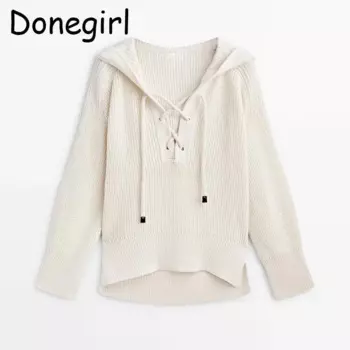 Женский вязаный свитер с капюшоном Donegirl, повседневный свободный однотонный простой пуловер с кулиской, джемпер, осень 2023